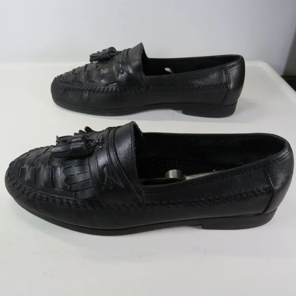 VTG Men's Stafford Leather Navy Shoes 9M(D) Slip-on Loafer Tassels Woven design - Picture 4 of 11